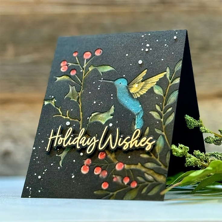 World Card Making Day 2024 Joe Sysavath Berry Happy Hummingbird embossing folder and Big Holiday Words stamp and coordinating die