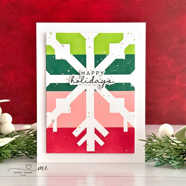 World Card Making Day 2024 Mindy Eggen Snowflake Stripes stencil and Peaceful Trees stamp and coordinating die