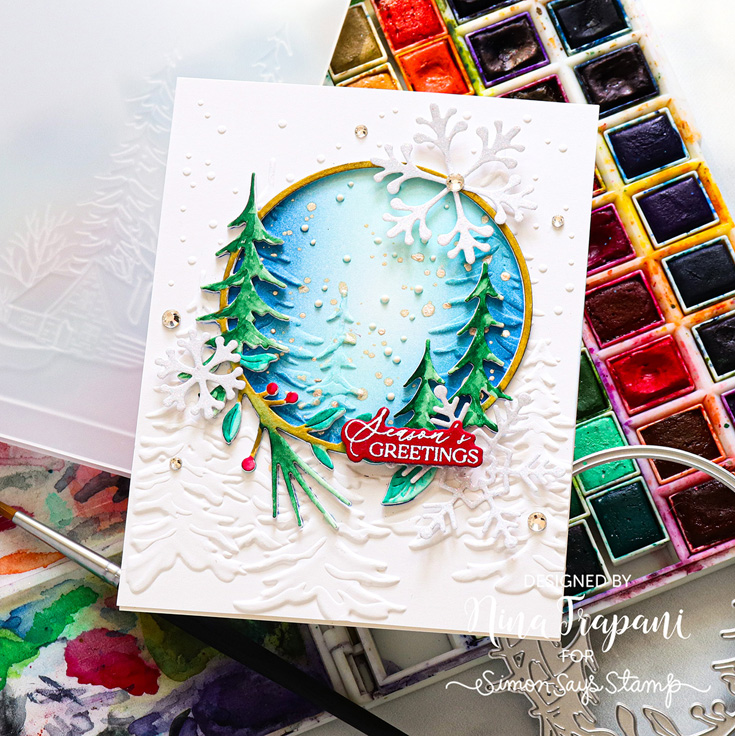 Festive Fun Blog Hop Nina-Marie Trapani Forest Ring die and Frosty Pines embossing folder