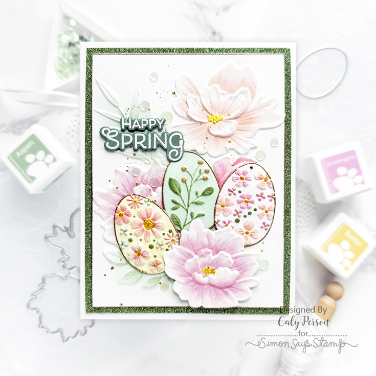 Favorite Things Blog Hop Caly Person Pristine Blooms and Floral Easter Eggs embossing folder, Blessings at Easter stamp set and coordinating die, and Pale Green embellishment mix